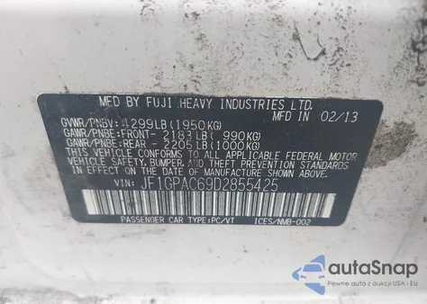 2013 Subaru Impreza 2.0I Premium from USA, damaged, VIN JF1GPAC69D2855425